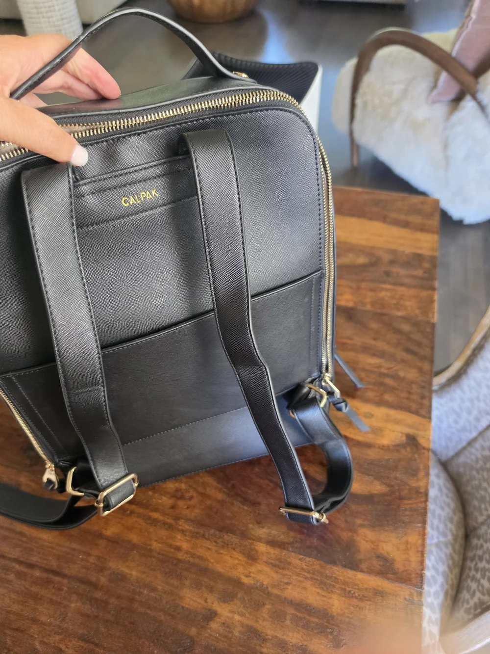 Calpak Black Leather Messenger Bag with Gold Hardware
